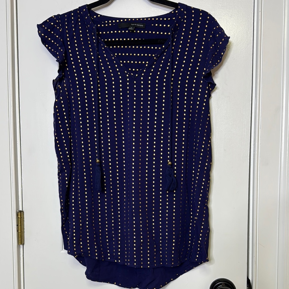 Harve Benard Blue Blouse with V-neck and Relaxed Fit